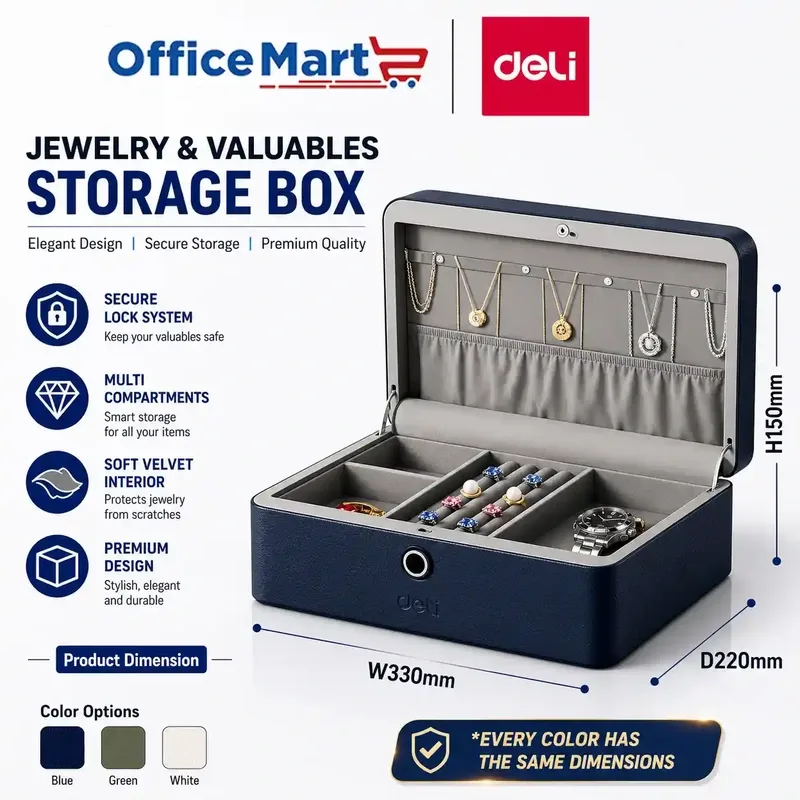 Deli AE205 blue jewellery safe with fingerprint lock and soft interior storage compartments