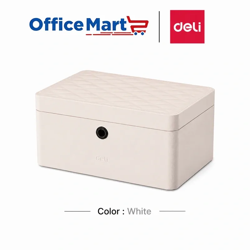 Deli AE205 white jewellery safe with premium PU leather finish and fingerprint security