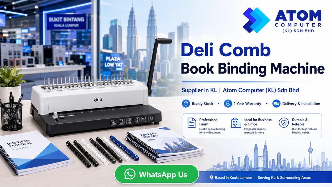 Deli comb book binding machine supplier in KL Atom Computer Low Yat Plaza Bukit Bintang with ready stock warranty delivery installation and showroom demo