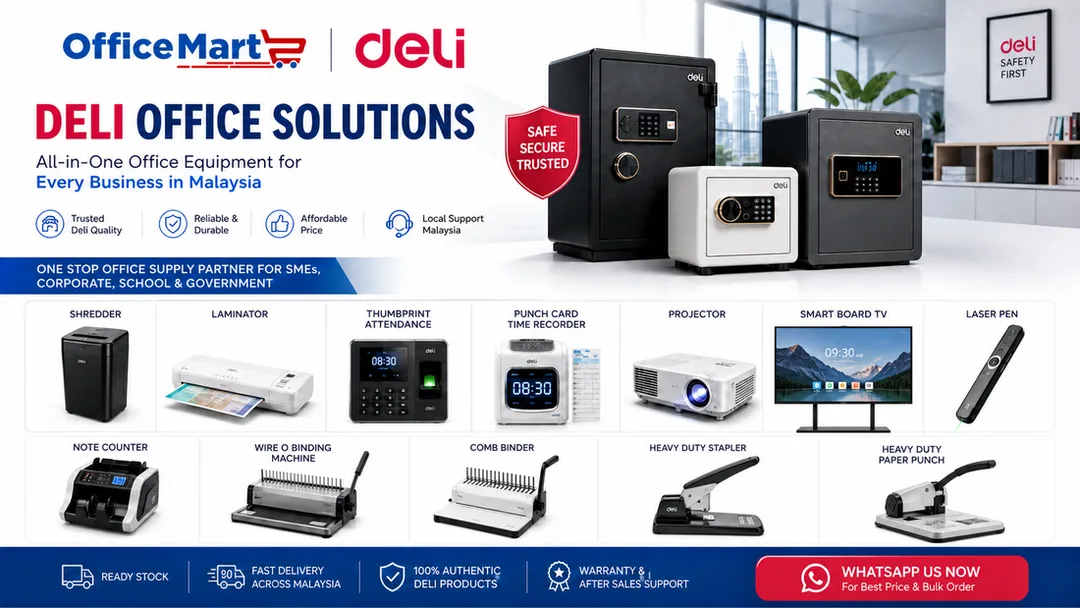 Deli office equipment supplier Malaysia safe shredder laminator projector OfficeMart KL Selangor