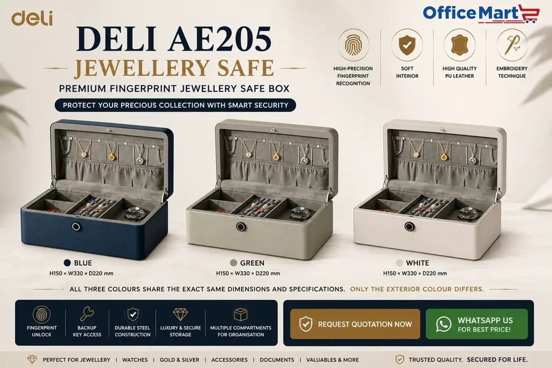 Deli AE205 Jewellery Safe with fingerprint lock available in blue green and white | Office Machine
