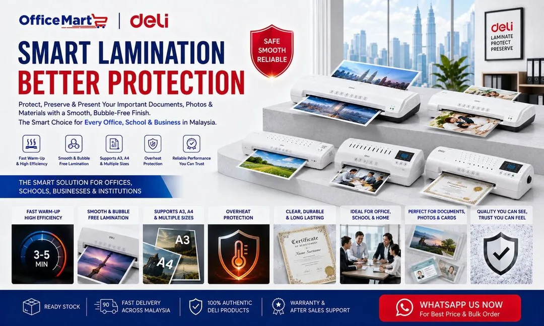 Deli laminator machine Malaysia by Office Machine for office school business and government document protection