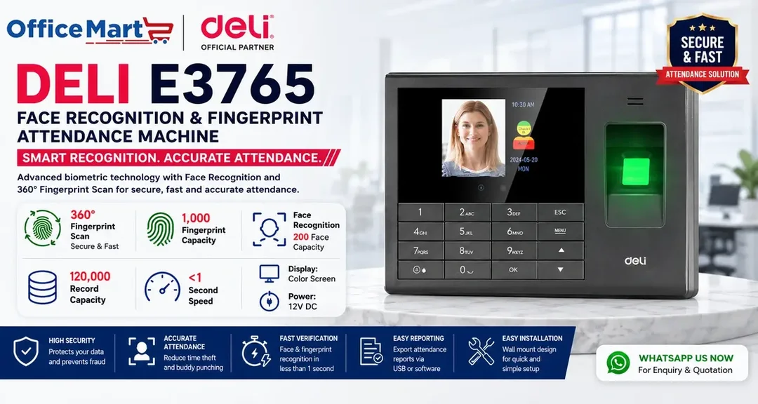 Deli E3765 face recognition and fingerprint attendance machine with 360 degree fingerprint scan, 1000 fingerprint capacity, 200 face capacity and 120000 attendance records for office attendance management
