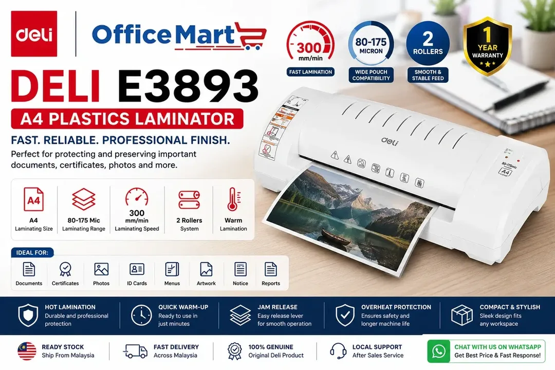 Deli E3893 A4 Plastics Laminator by Office Mart with 80-175 Micron Compatibility, 300mm/min Laminating Speed and 2-Roller Warm Lamination System