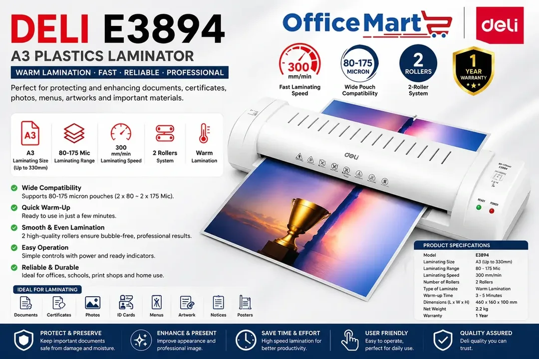 Deli E3894 A3 plastics laminator supplier Malaysia by Office Mart for offices, schools, print shops and corporate document protection