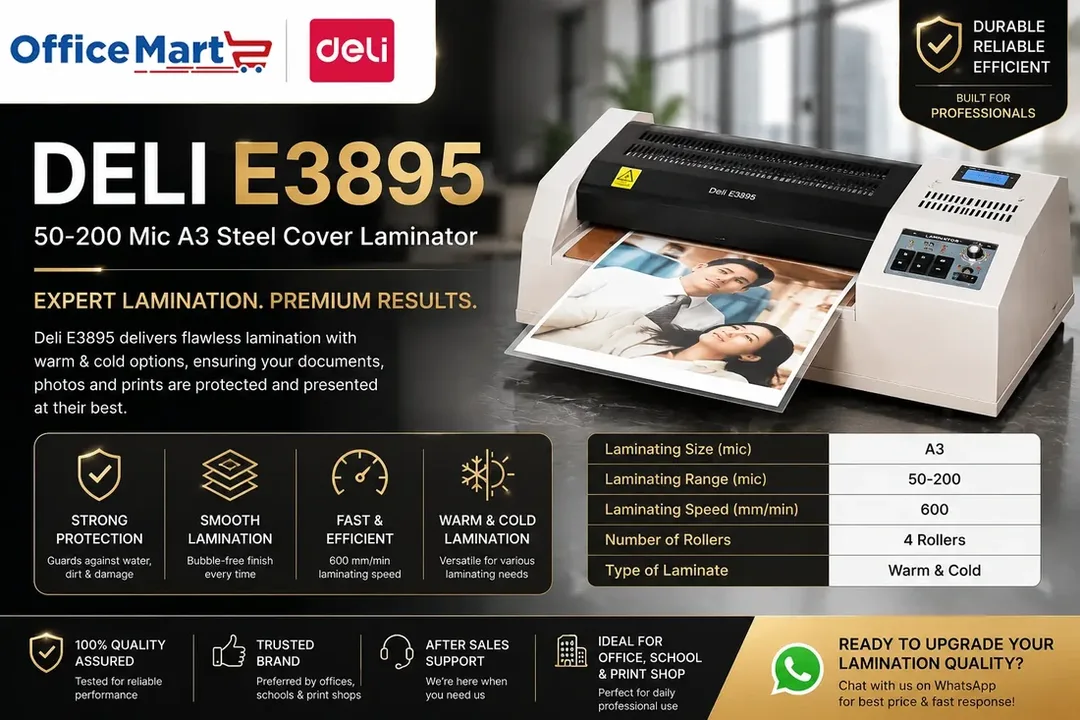 Deli E3895 A3 Steel Cover Laminator with Warm and Cold Lamination by OfficeMart Malaysia