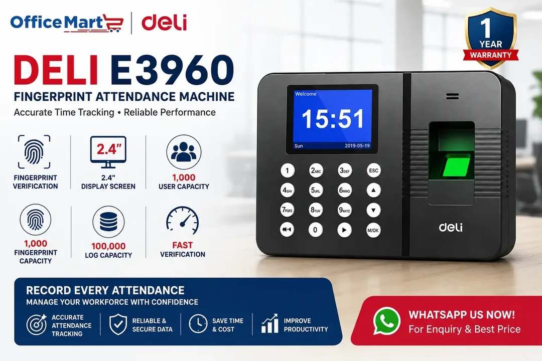 Deli E3960 Fingerprint Attendance Machine with 1000 User Capacity and 100000 Log Capacity by Office Mart Malaysia