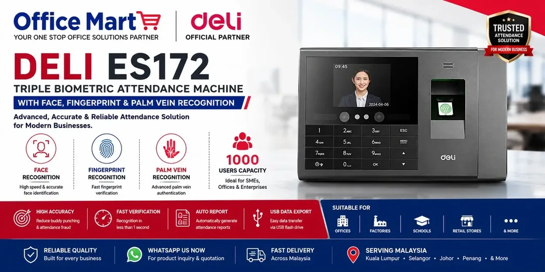 Deli ES172 Triple Biometric Attendance Machine with Face Recognition Fingerprint and Palm Vein Recognition by Office Machine Malaysia
