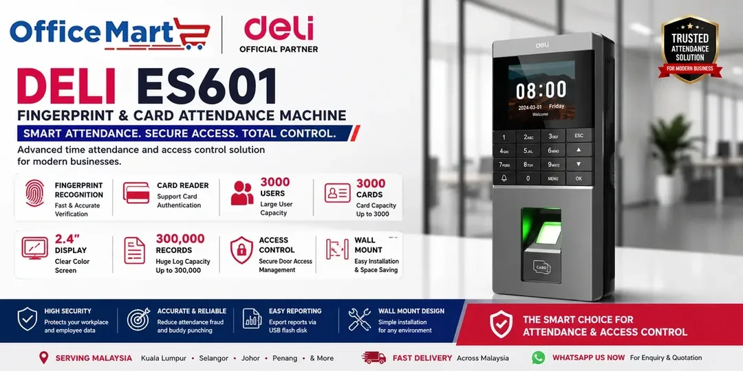 Deli ES601 Fingerprint and Card Attendance Machine with Access Control for 3000 Users by Office Machine Malaysia