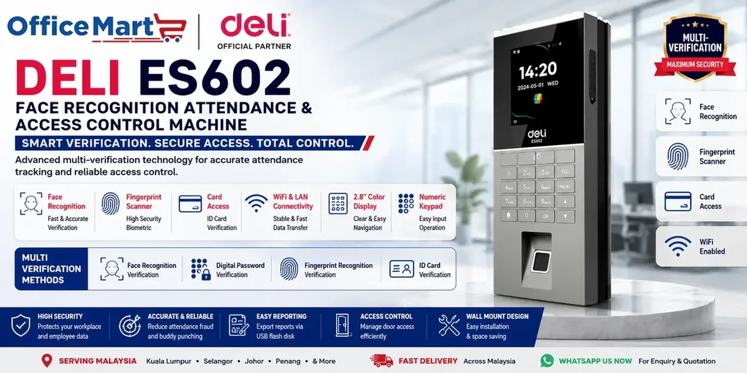 Deli ES602 Face Recognition Attendance and Access Control Machine with Fingerprint Scanner Card Access WiFi and LAN Connectivity by Office Mart Malaysia