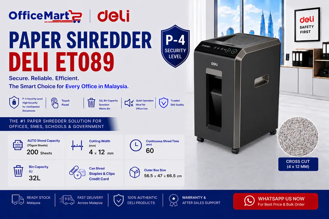 Deli ET089 paper shredder machine Malaysia with P4 security level and 32L bin capacity