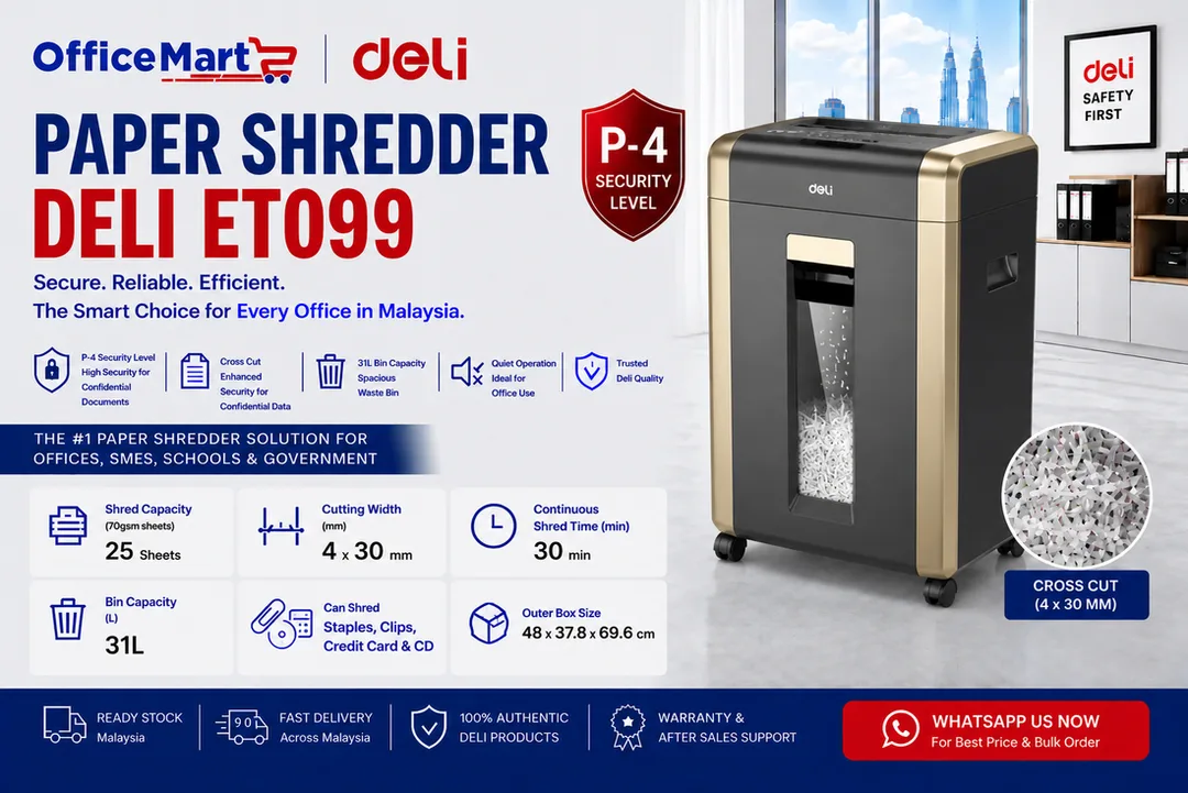 Deli ET099 paper shredder Malaysia with 25 sheets capacity, 31L bin and cross cut security for office use