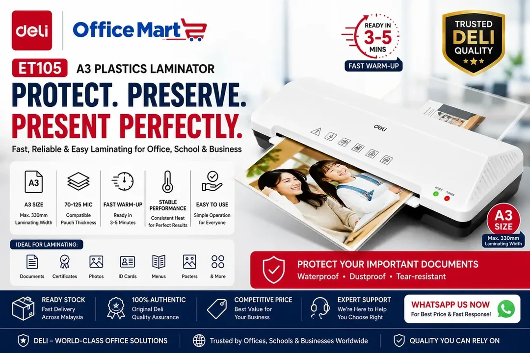 Deli ET105 A3 Plastics Laminator Malaysia by Office Mart – 70-125 Mic Fast Warm-Up Laminating Machine