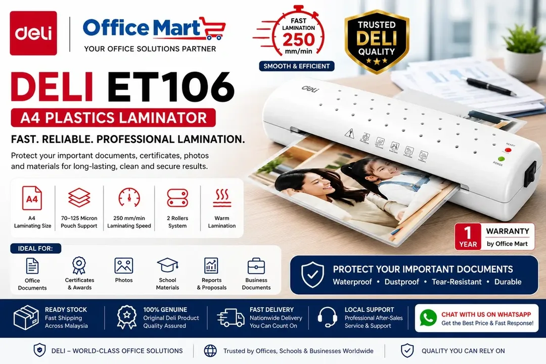 Deli ET106 A4 Plastics Laminator Malaysia by Office Mart with 70-125 micron pouch support, 250mm per minute laminating speed and 2 roller warm lamination system
