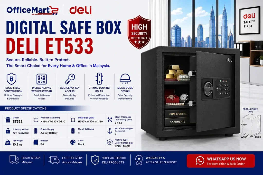 Deli ET533 digital safe box Malaysia compact electronic safe for office documents cash and valuables storage