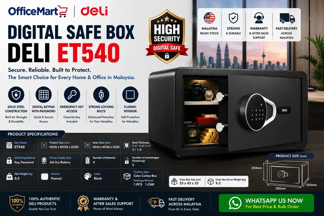 Deli ET540 digital safe box Malaysia black electronic security safe for office home valuables and documents