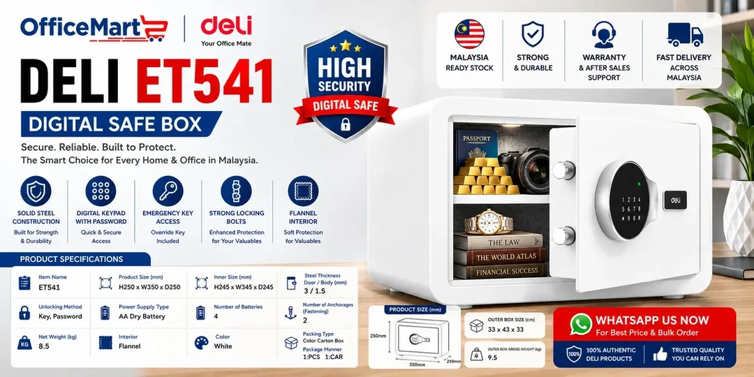 Deli ET541 digital safe box Malaysia for home office secure storage with keypad lock and steel security safe