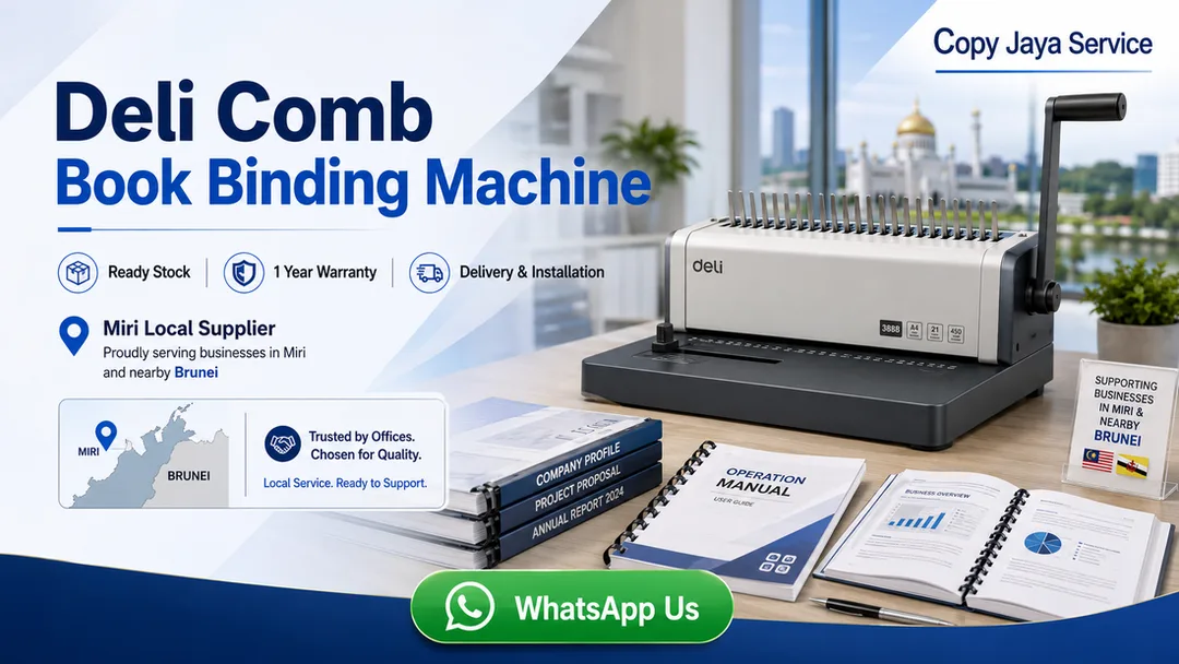 Deli comb book binding machine supplier in Miri Copy Jaya Service with ready stock warranty delivery installation and showroom demo near Brunei