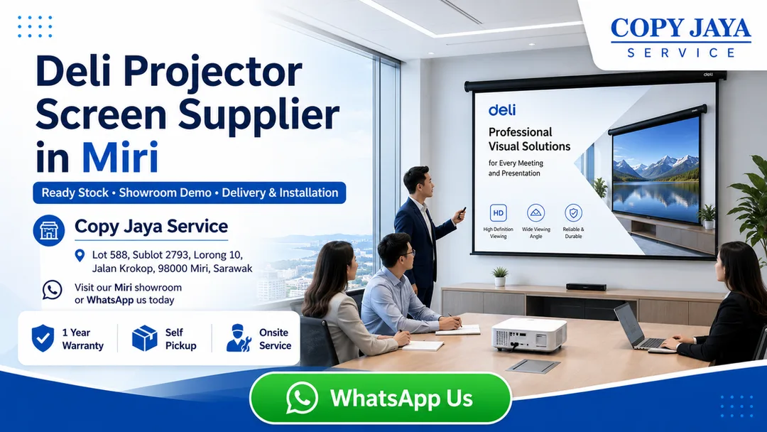 Deli projector screen supplier in Miri Copy Jaya Service with ready stock delivery installation showroom demo and warranty