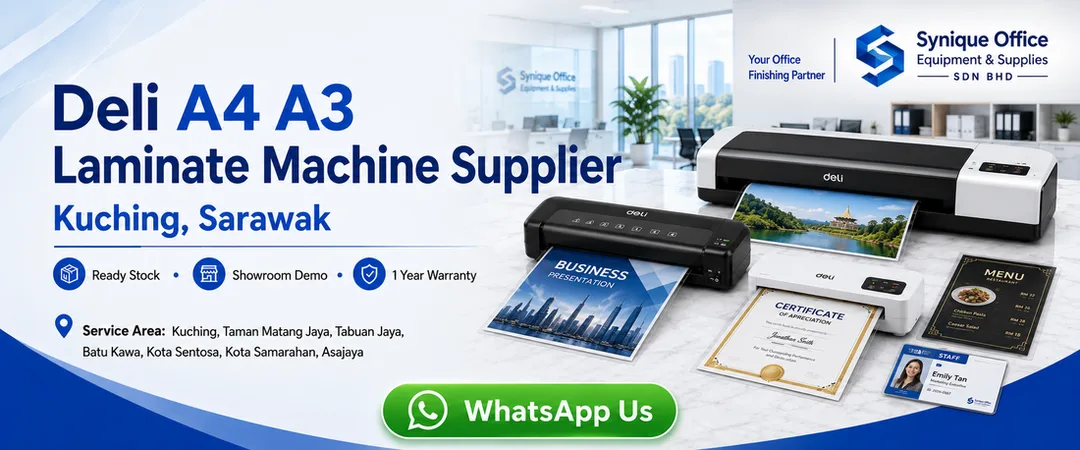 Deli A4 A3 laminate machine supplier Kuching Synique Office Equipment Sarawak