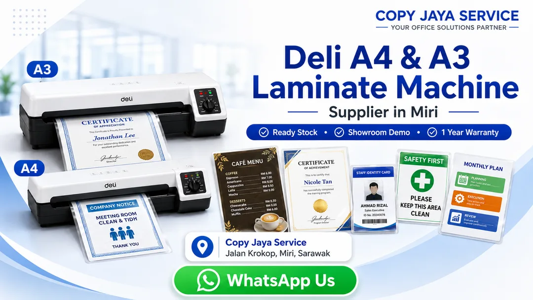 Deli A4 A3 laminate machine supplier Miri Copy Jaya Service Sarawak Brunei