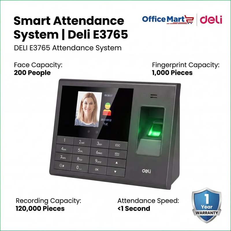 Deli E3765 smart attendance system with face recognition and fingerprint scanner featuring 200 face capacity 1000 fingerprint capacity and 120000 attendance records