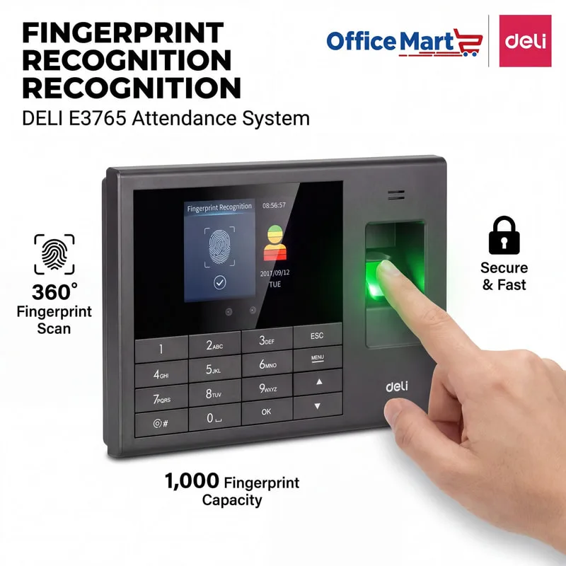 Deli E3765 fingerprint attendance machine with 360 degree fingerprint scan secure fast verification and 1000 fingerprint capacity