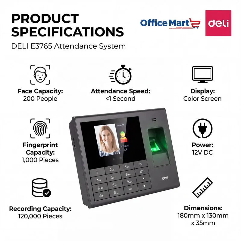 Deli E3765 attendance system specifications with face recognition fingerprint scanner color display 120000 record capacity and under 1 second verification