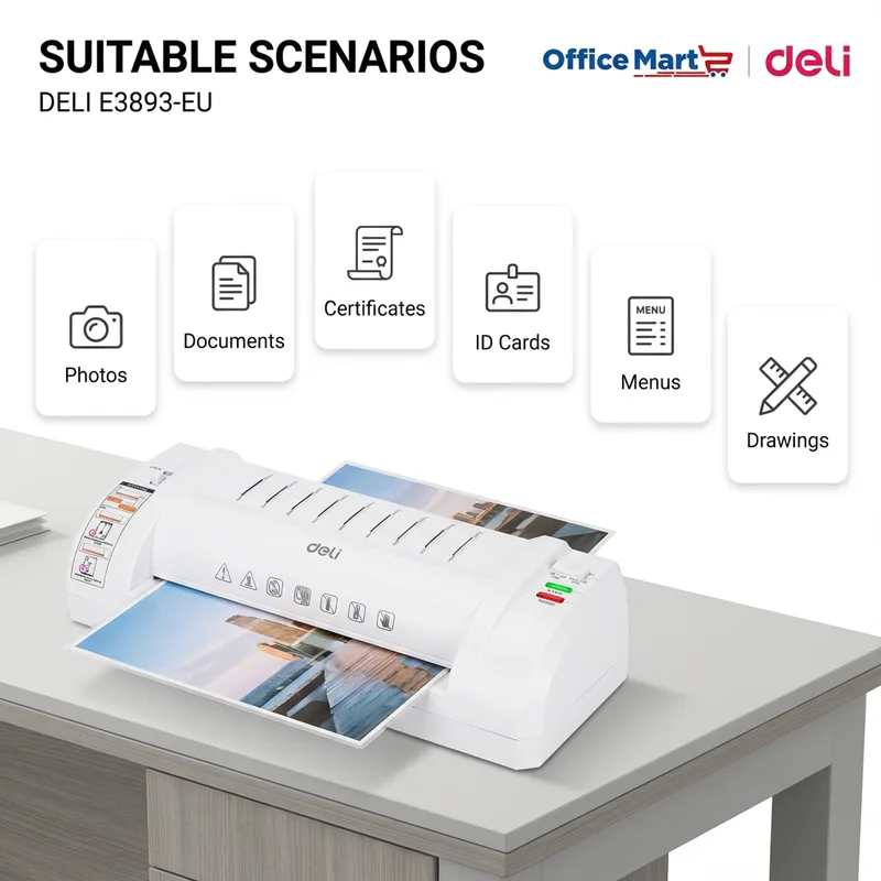 Deli E3893-EU laminator suitable for photos, documents, certificates, ID cards, menus and technical drawings