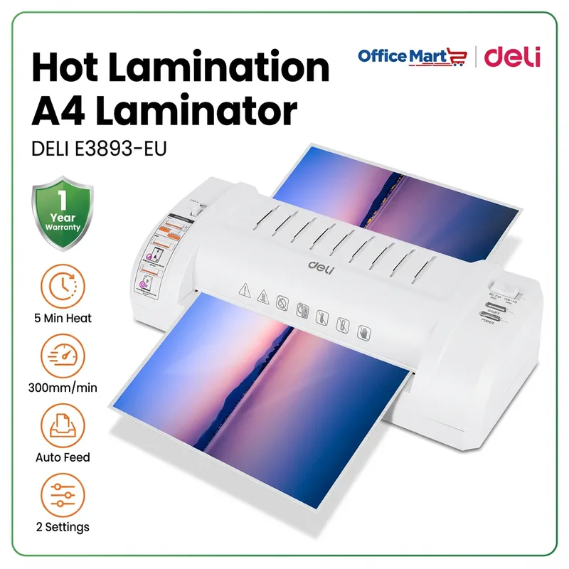 Deli E3893-EU hot lamination A4 laminator with 5-minute warm-up, 300mm per minute speed, auto feed and dual temperature control