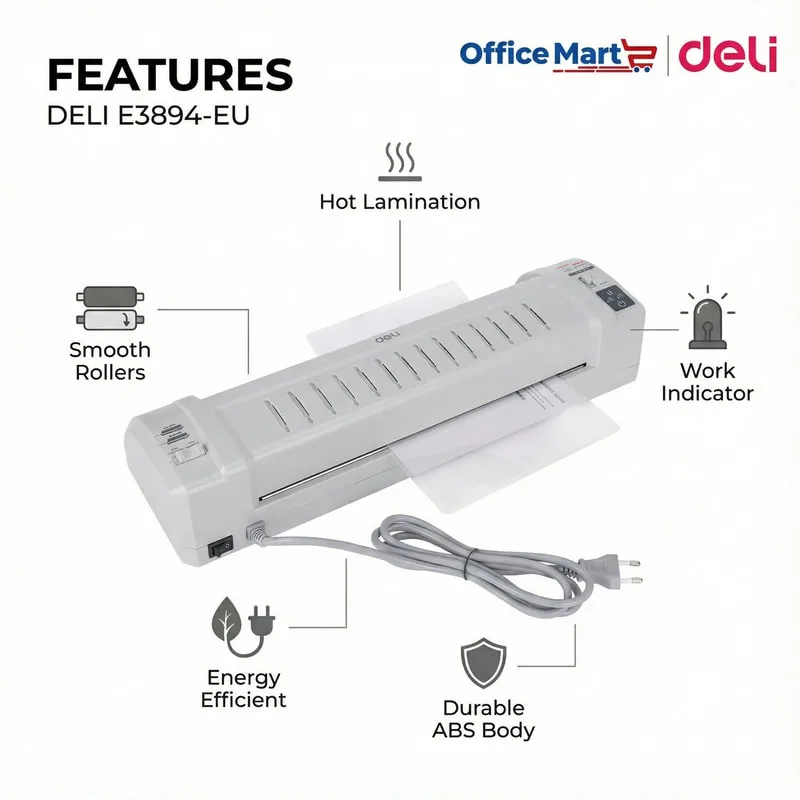 Deli E3894-EU A3 laminator features hot lamination, smooth rollers, energy-efficient operation, durable ABS body and LED work indicator