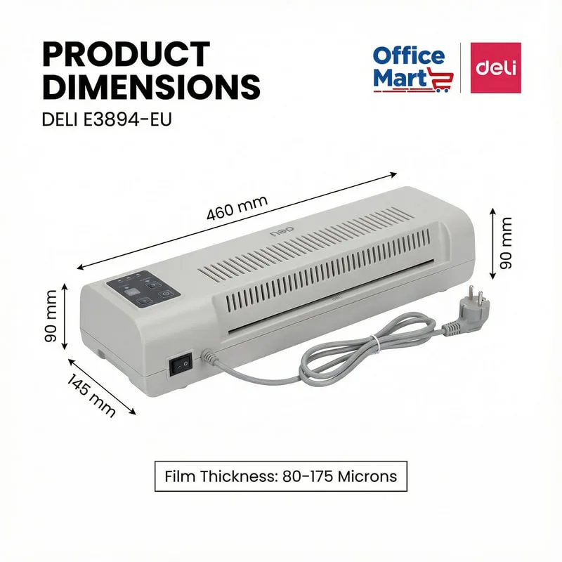 Deli E3894-EU A3 laminator dimensions 460 x 145 x 90 mm with 80–175 micron film thickness support