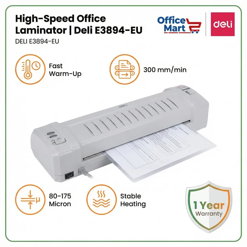 Deli E3894-EU high-speed A3 laminator with fast warm-up, 300mm per minute laminating speed, stable heating and 80–175 micron compatibility
