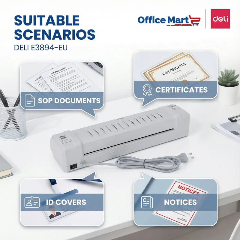 Deli E3894-EU A3 laminator suitable for SOP documents, certificates, ID card covers and office notices