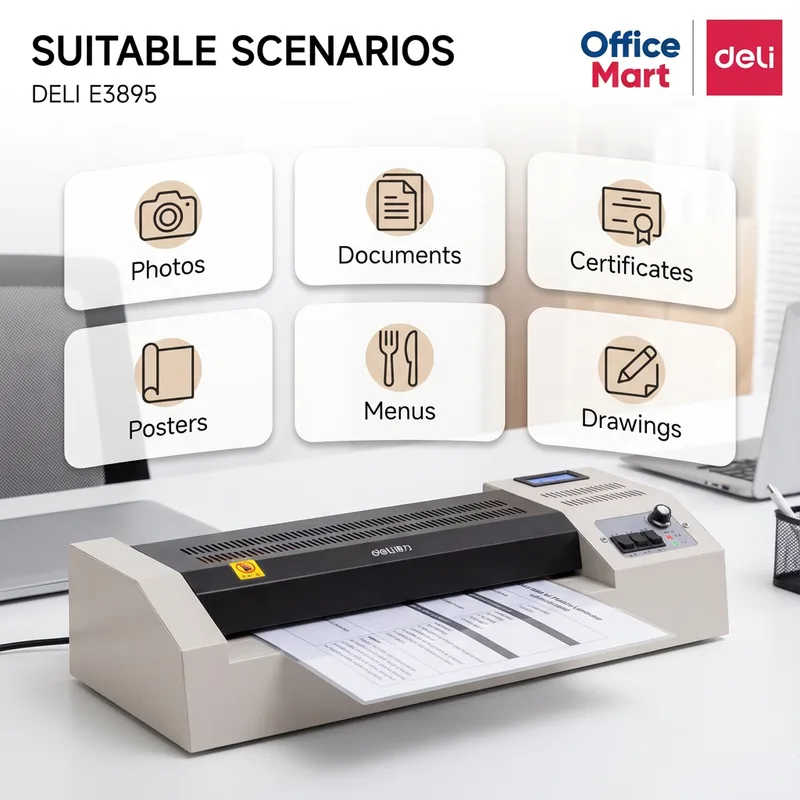 Deli E3895 laminator suitable for photos documents certificates posters menus and drawings