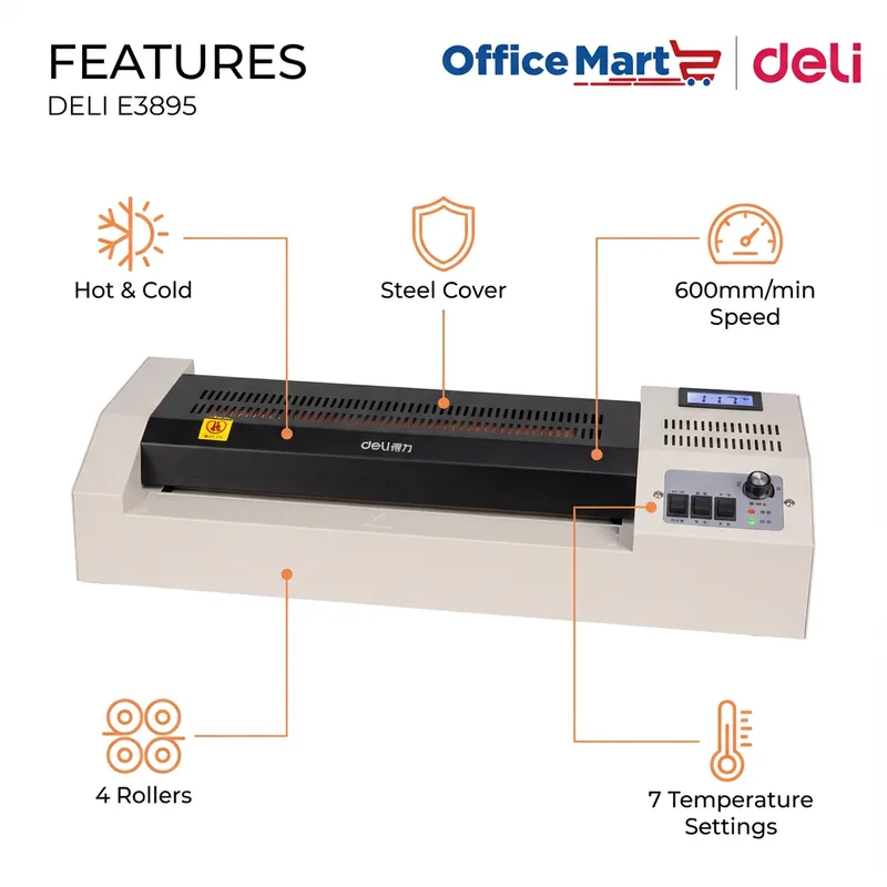 Deli E3895 A3 Steel Cover Laminator features hot and cold lamination 4 rollers 600mm per minute speed