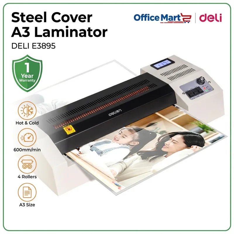Deli E3895 A3 Steel Cover Laminator with 4 rollers and hot cold lamination by OfficeMart Malaysia