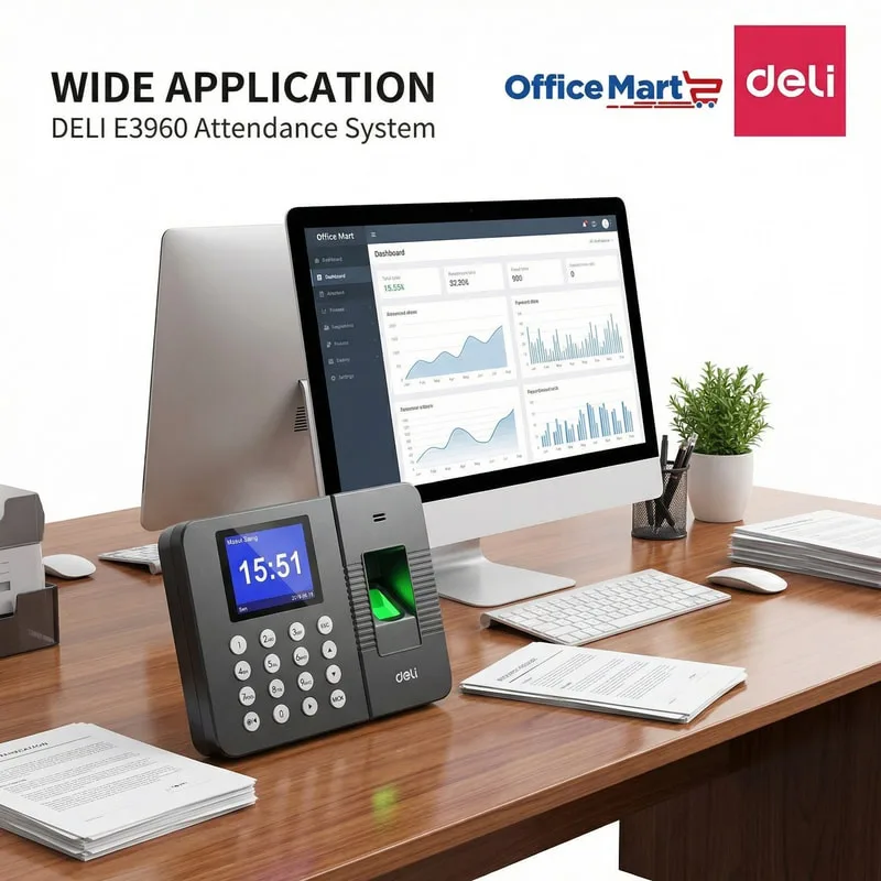 Deli E3960 Fingerprint Attendance System integrated with attendance software dashboard for office and business use in Malaysia