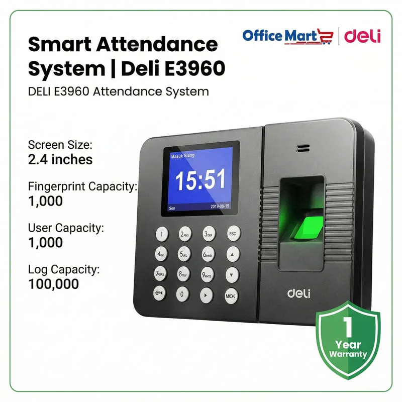 Deli E3960 Fingerprint Attendance Machine with 2.4 inch display, 1000 user capacity and 100000 log records by Office Mart Malaysia