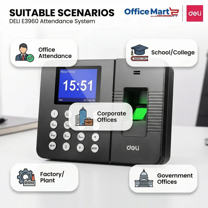 Deli E3960 Fingerprint Attendance Machine suitable for offices, schools, corporate companies, factories and government departments