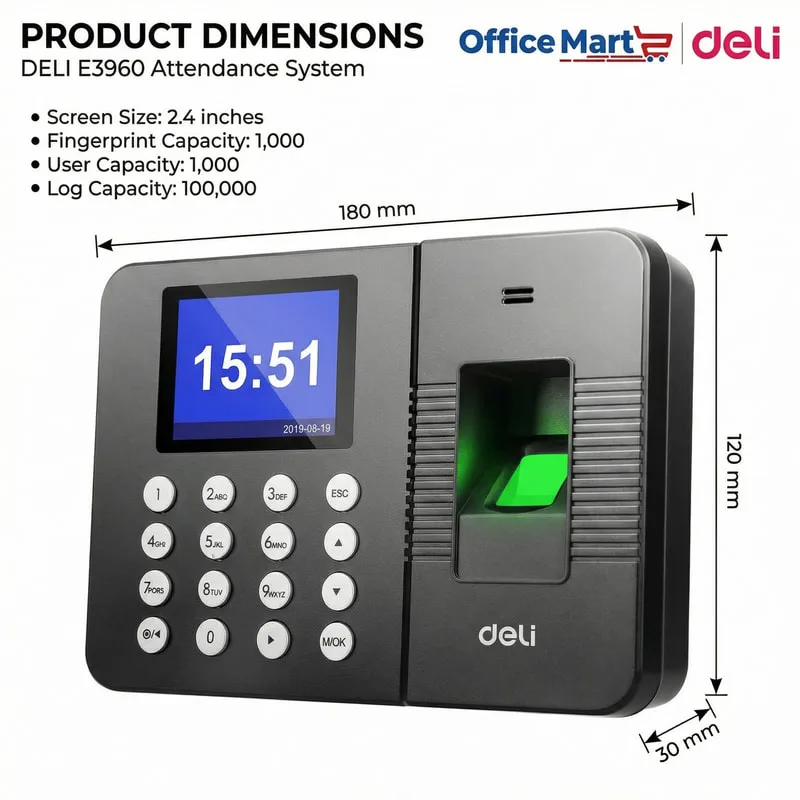 Deli E3960 fingerprint attendance machine dimensions 180mm x 120mm x 30mm with 2.4 inch display and 1000 user capacity