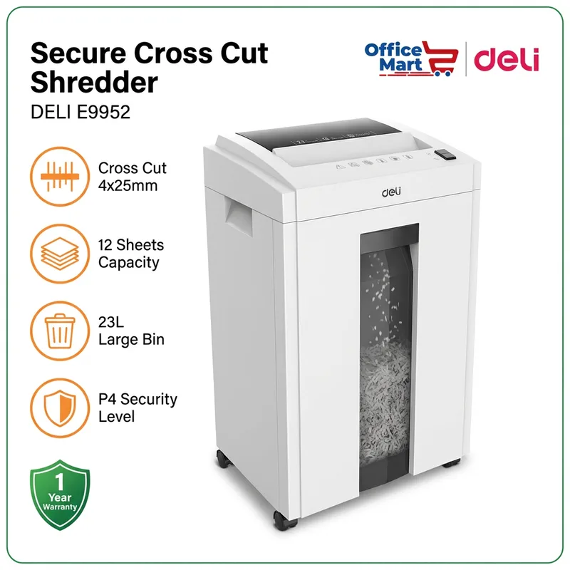 Secure DELI E9952 cross cut shredder 4x25mm P4 security office paper shredder Malaysia