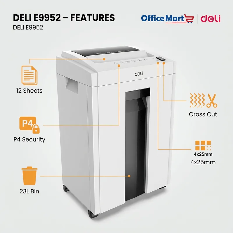 DELI E9952 cross cut paper shredder 12 sheets P4 security 23L bin for office use Malaysia