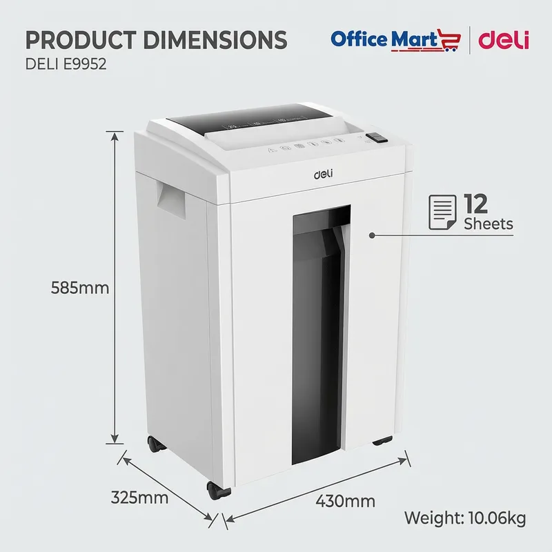 DELI E9952 paper shredder dimensions 585mm x 430mm x 325mm 12 sheets office shredder Malaysia