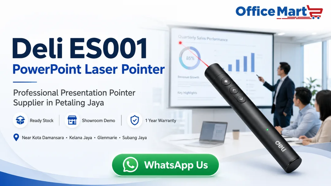 Deli ES001 PowerPoint Laser Pointer available at Office Mart Ara Damansara Petaling Jaya for meetings, classroom presentations and corporate training