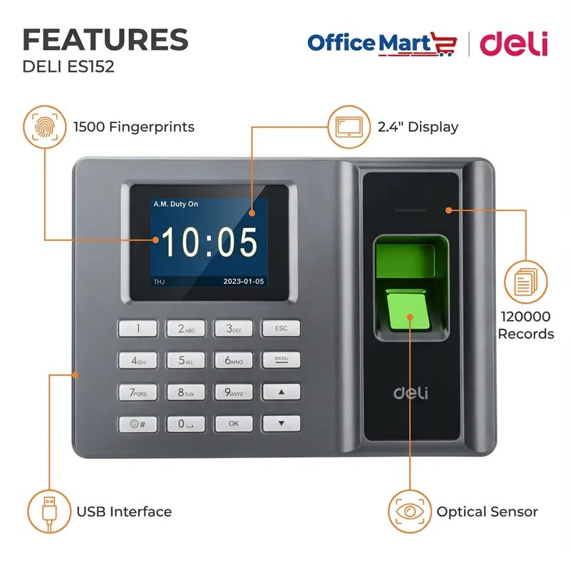 Deli ES152 Fingerprint Attendance Machine Features with 1500 Fingerprints Capacity, 2.4 Inch Display, USB Interface and 120000 Records Storage Malaysia