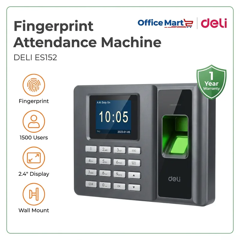 Deli ES152 Fingerprint Attendance Machine with 1500 Users Capacity and 2.4 Inch Display Malaysia