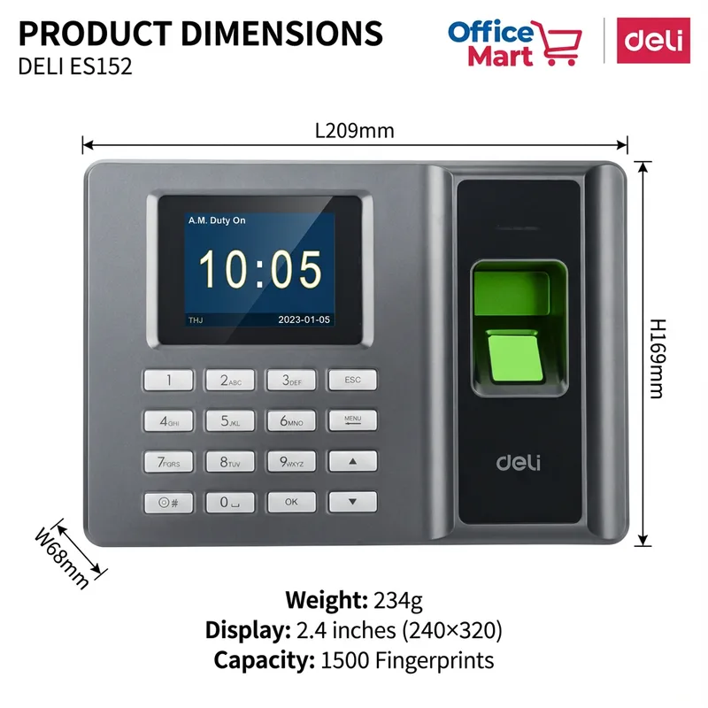 Deli ES152 Attendance Machine Dimensions 209mm x 169mm with 2.4 Inch Display and 1500 Fingerprint Capacity Malaysia