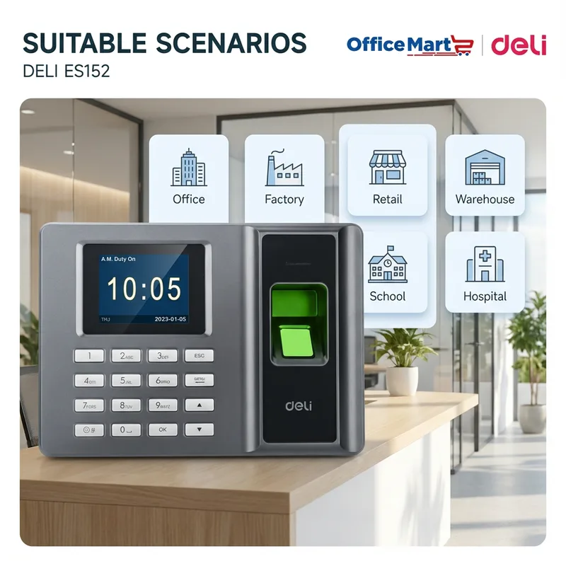 Deli ES152 Fingerprint Attendance Machine Suitable for Office Factory Retail Store Warehouse School and Hospital Malaysia