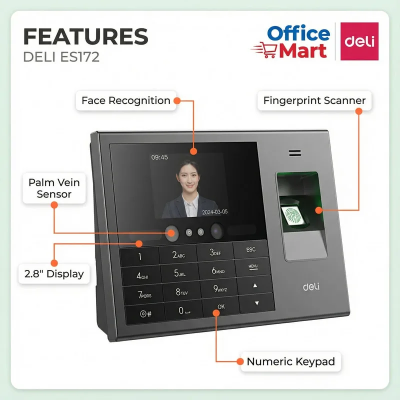 Deli ES172 Features with Face Recognition Fingerprint Scanner Palm Vein Sensor 2.8 Inch Display and Numeric Keypad Malaysia